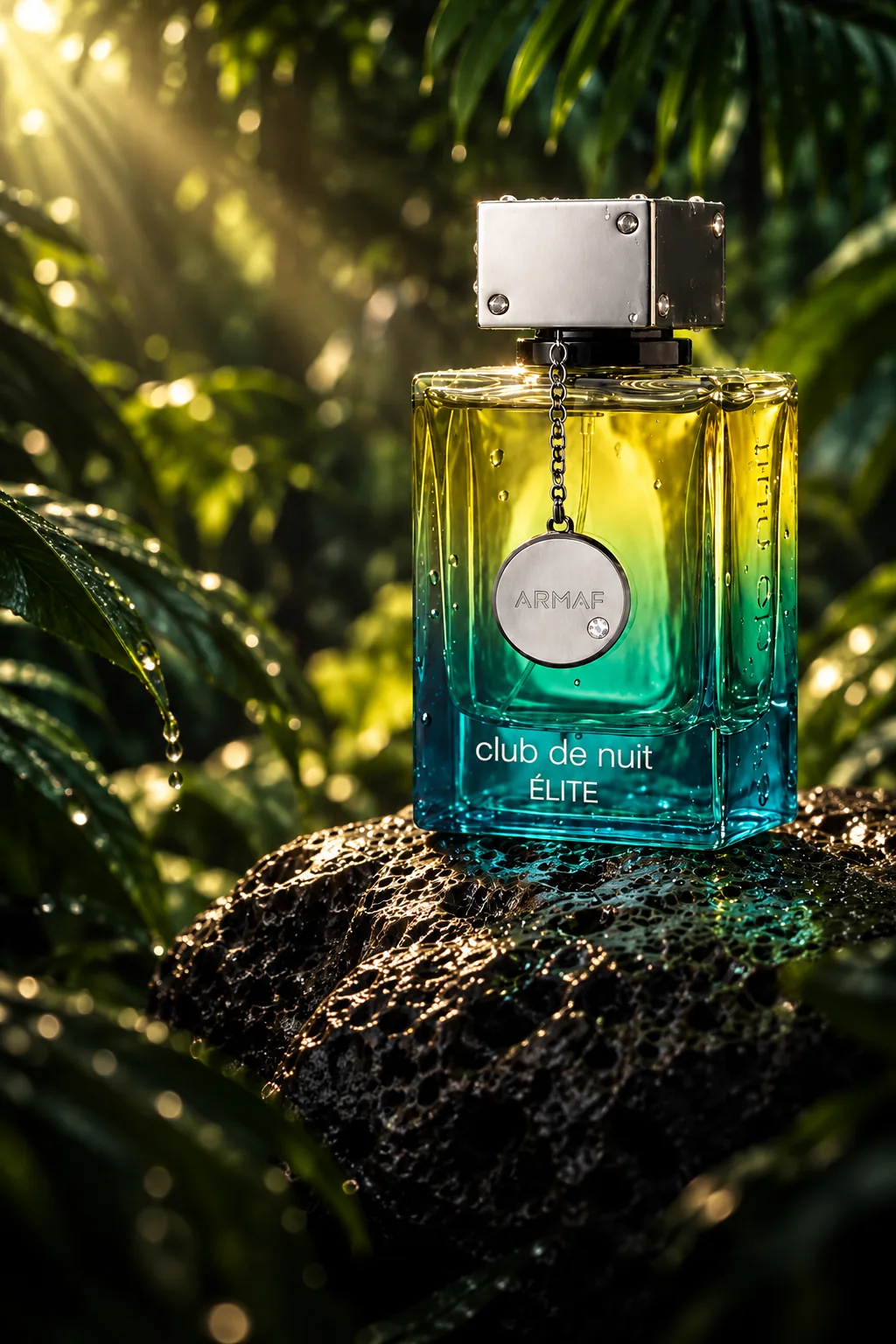 An Armaf Club de Nuit Élite bottle, green shading to blue, standing on volcanic rock in a rainforest.