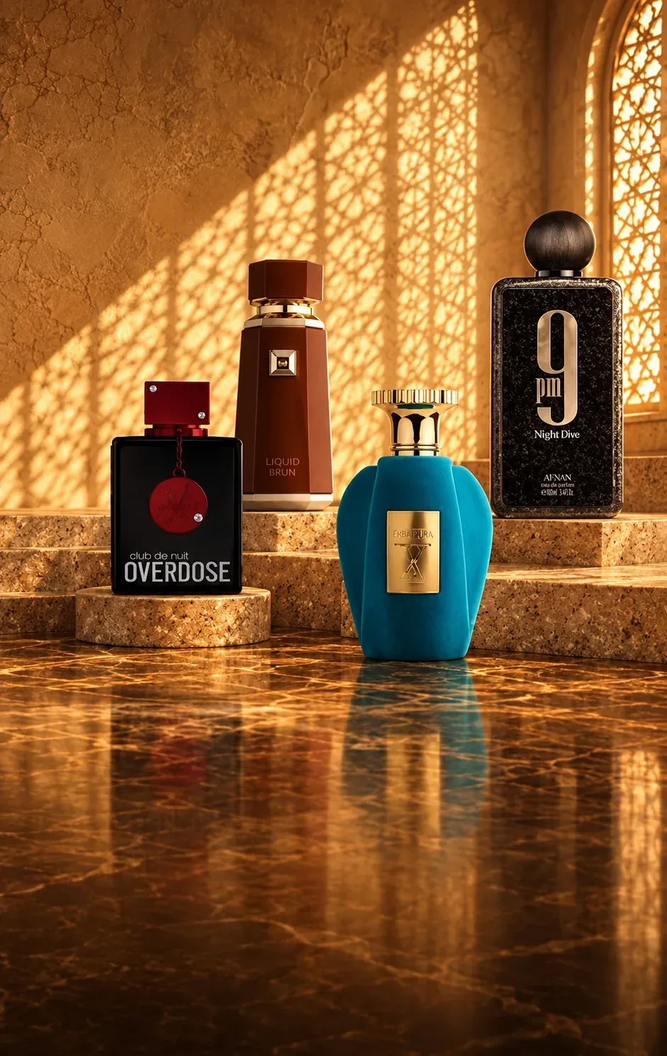 Perfume bottles on stone plinths in a sunlit room, light from a latticed window falling across a polished marble floor.